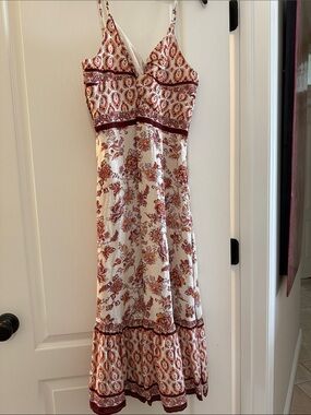 Floral Spaghetti-Strap Midi Dress in Cream and Rust